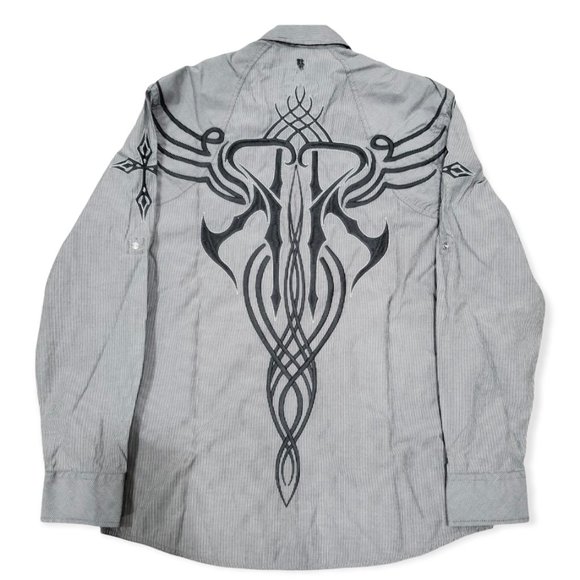 Roar Mens Gray Embroidered Shoulder Strap Pearl Snap Button Front Shirt Size XL - Picture 9 of 10